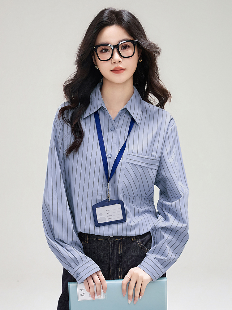 실사 플러시 센스 스트라이프 막대기 가방 셔츠 봄 새로운 디자인 센스 루즈핏 캐주얼 긴팔 셔츠