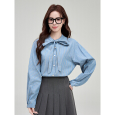 批发实拍复古蓝色竖条纹<b class='q'>衬衫</b>女小个子长袖百搭显瘦设计感系带上衣