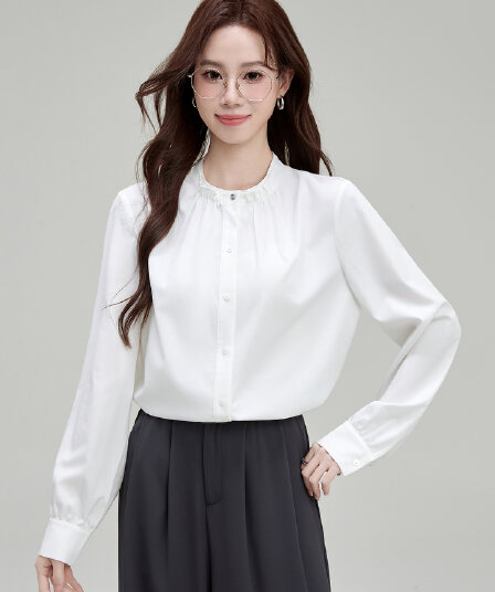 2026 실사 파란색 스탠드 칼라 여성 셔츠 가을 새로운 출퇴근 흰 셔츠 긴팔
