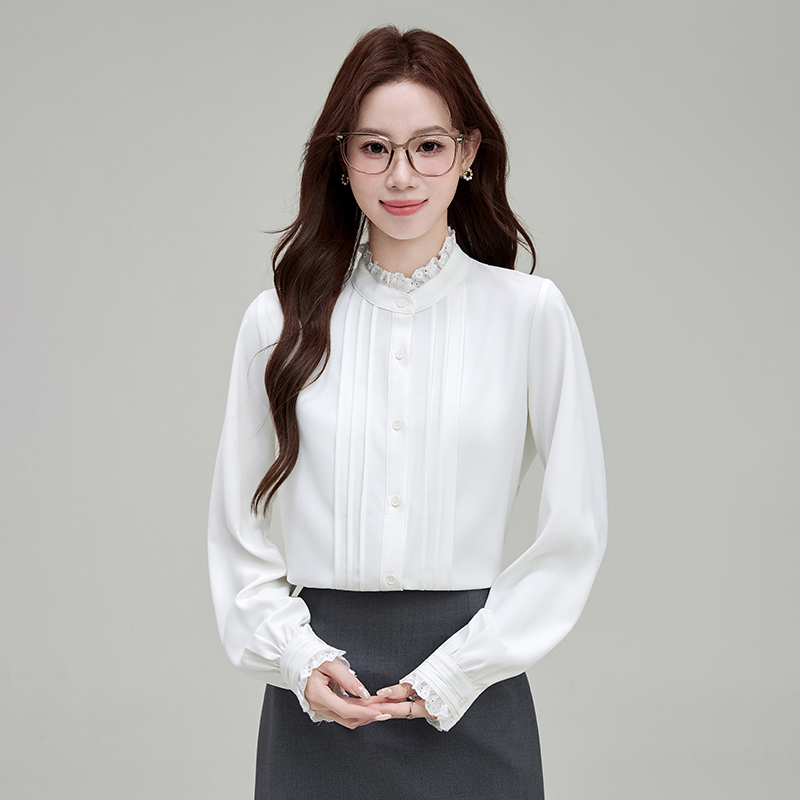 2026 봄 프랑스식 궁정 센스 프릴 스탠드 칼라 긴팔 여성 셔츠 품격 디자인 센스 스택 착용 맨위