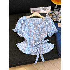 批发有货法式方领蓝色格子短袖衬衫女绑带收腰<b class='q'>泡泡袖</b>格纹衬衣短款<b class='q'>上衣</b>