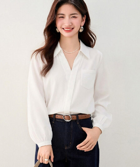 2026 실사 화이트 여성 셔츠 이른 가을 새로운 프랑스식 미니멀리즘 디자인 센스 긴팔 품격 연령 감소 맨위