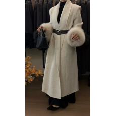 批发双层狐狸毛袖高贵品质2025秋冬款双面羊毛大衣长款大<b class='q'>翻领</b>毛呢外套