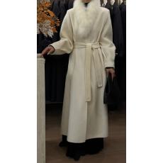 韩国东大门高端狐狸毛领双面羊毛羊绒大衣女冬后开叉设计感外套