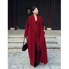 批发【红妆素裹】圣诞红色假两件双面呢外套新中式国风<b class='q'>中长款</b>羊绒大衣