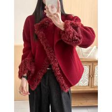 批发欧洲站高端红色圈圈羊羔毛拼接<b class='q'>双面</b>羊毛<b class='q'>大衣</b>女短款<b class='q'>羊绒</b><b class='q'>双面</b>呢外套