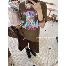 批发韩国东大门秋季新款美式复古时尚印花短袖T恤女休闲百搭显瘦上衣