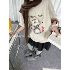 批发韩国东大门秋季新款美式复古时尚印花短袖T恤女休闲百搭显瘦上衣