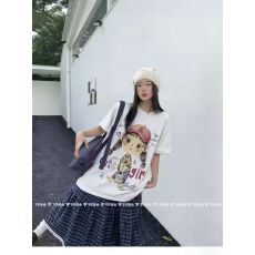 批发韩国东大门秋季新款美式复古时尚印花短袖T恤女休闲百搭显瘦上衣