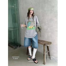 批发韩国东大门秋季新款美式复古时尚印花短袖T恤女休闲百搭显瘦上衣