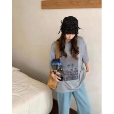 批发韩国东大门秋季新款美式复古时尚印花短袖T恤女休闲百搭显瘦上衣