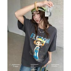 批发韩国东大门秋季新款美式复古时尚印花短袖T恤女休闲百搭显瘦上衣