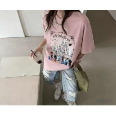 批发韩国东大门秋季新款美式复古时尚印花短袖T恤女休闲百搭显瘦上衣