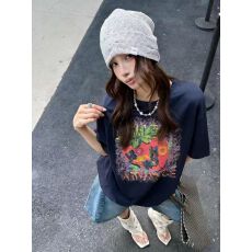 批发韩国东大门秋季新款美式复古时尚印花短袖T恤女休闲百搭显瘦上衣