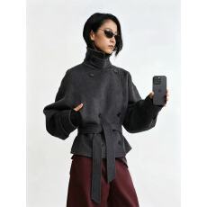 批发RARELY ALIKE 双排扣系带短款羊毛双面呢大衣外套 黑色/灰色