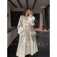 批发三吉黑花【初见】手工钉珠100绵羊毛双面大衣外套女款2025新加厚