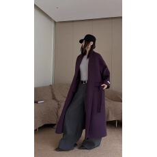 批发浴袍式 青果领系带双面羊毛大衣女长款 韩系慵懒收腰廓形秋冬外套