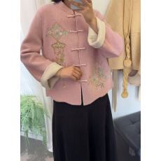 批发新中式国风唐装外套新款冬季<b class='q'>女装</b>双面羊绒羊毛大衣蓝色毛呢上衣