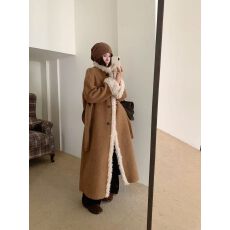 批发2026秋冬羊羔毛拼接战壕大衣女中长款双面羊毛毛呢外套显瘦高级感