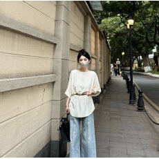 批发大静推荐柔珠小姐夏季法式圆领冰丝针织衫女宽松<b class='q'>上衣</b>配腰带