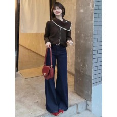 批发美拉德复古咖色撞色针织衫<b class='q'>牛仔</b>裤女秋冬设计感小众长袖毛衣套装女