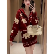 批发韩系费尔岛穿搭秋冬搭配一整套红色提花针织毛衣半身裙子<b class='q'>两件套</b>装