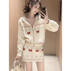 批发韩系一整套深冬穿搭小香风趣味费尔岛<b class='q'>印花</b>针织衫开衫毛衣<b class='q'>套装</b>裙女