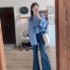 批发蓝色一字肩针织衫毛衣女秋冬季2026新款慵懒高级感巨好看宽松上衣