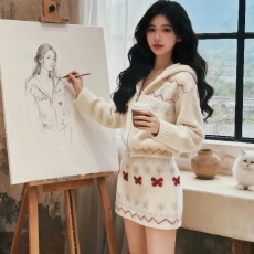 批发韩系一整套深冬穿搭小香风趣味费尔岛印花针织衫开衫毛衣套装裙女