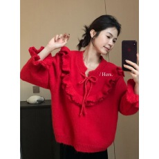 批发简约韩系温柔气质荷叶领绑带保暖<b class='q'>毛衣</b>
