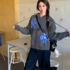 批发2025灰色新款拉链复古撞色连帽毛衣外套慵懒宽松针织开衫上衣