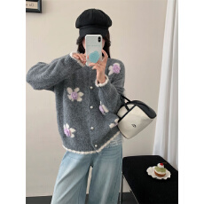 批发重工花朵刺绣提花红色圆领<b class='q'>开衫</b>毛衣女2026冬季高级感宽松<b class='q'>开衫</b>外套