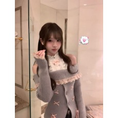批发一字领蕾丝可爱蝴蝶结系带春秋冬纯欲风上衣长袖<b class='q'>针织衫</b>毛衣套装女