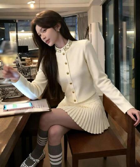 있음 선적 miu 부서 천 금빛 바람 고급 센스 세트 다이아몬드 세팅 니트 오픈 가디건 플리츠 반신 스커트 샤오시엔 투피스 세트