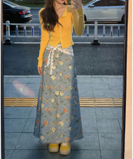 전체 집합 ootd 착용 가져 가라. 한 부서 작은 샤넬 스타일 황색 니트 오픈 가디건 파란색 프린트 반신 치마 세트 여성 가을