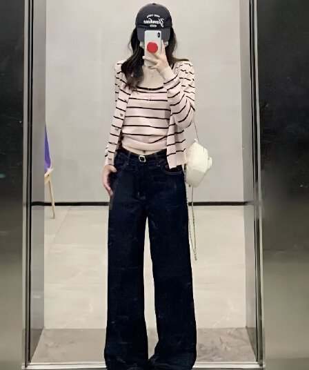 자이언트 잘 생긴 ~ 중 착용 가져 가라. 전체 집합 ootd 한 부서 스트라이프 오픈 가디건 경기 슬립 넓은 다리 청바지 세 조각 세트 트렌디