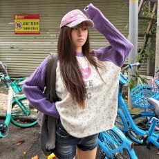 批发CGGA美式趣味印花拼色长袖针织毛衣<b class='q'>男</b>女春秋宽松休闲百搭套头毛衫