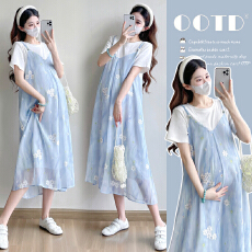 实拍夏季新款孕妇装纯棉T恤拼接雪纺刺绣假两件M-XXXL大码连衣裙