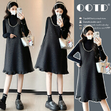 实拍秋冬季新款小香气质减龄毛呢珍珠孕妇大码连衣裙