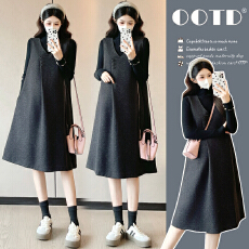实拍秋冬季新款韩版法式中长款毛呢孕妇大码连衣裙