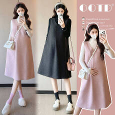 批发【实拍】秋冬季新款韩版法式中长款毛呢孕妇大码连衣裙