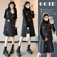 批发【实拍】冬季新款小香风<b class='q'>中长款</b>毛呢重工钉珠蝴蝶结<b class='q'>孕妇</b><b class='q'>大码</b>连衣裙