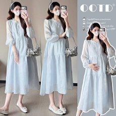 实拍2026春季新款法式中长款甜美减龄可开扣哺乳孕妇连衣裙