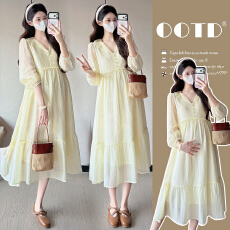 批发【实拍】2026春季新款蕾丝拼接法式中长款气质仙女孕妇连衣裙