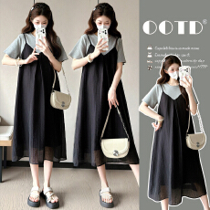 批发【实拍】<b class='q'>夏</b>季新款韩版T恤拼接假两件遮肚显瘦孕妇大码连衣裙