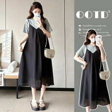 实拍夏季新款T恤拼接假两件遮肚显瘦孕妇M-XXXL大码连衣裙