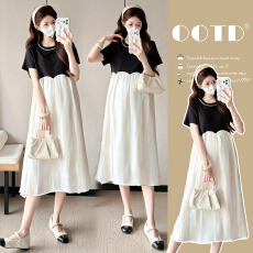 批发【实拍】<b class='q'>夏</b>季新款法式拼接中长款时尚孕妇连衣裙