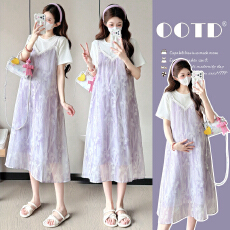 批发【实拍】夏季新款中长款碎花拼接<b class='q'>假两件</b>小清新孕妇大码<b class='q'>连衣裙</b>