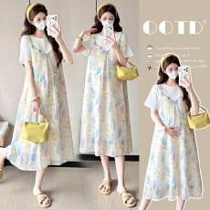 批发【实拍】夏季新款<b class='q'>假两件</b>拼接花色中长款温柔气质孕妇大码<b class='q'>连衣裙</b>