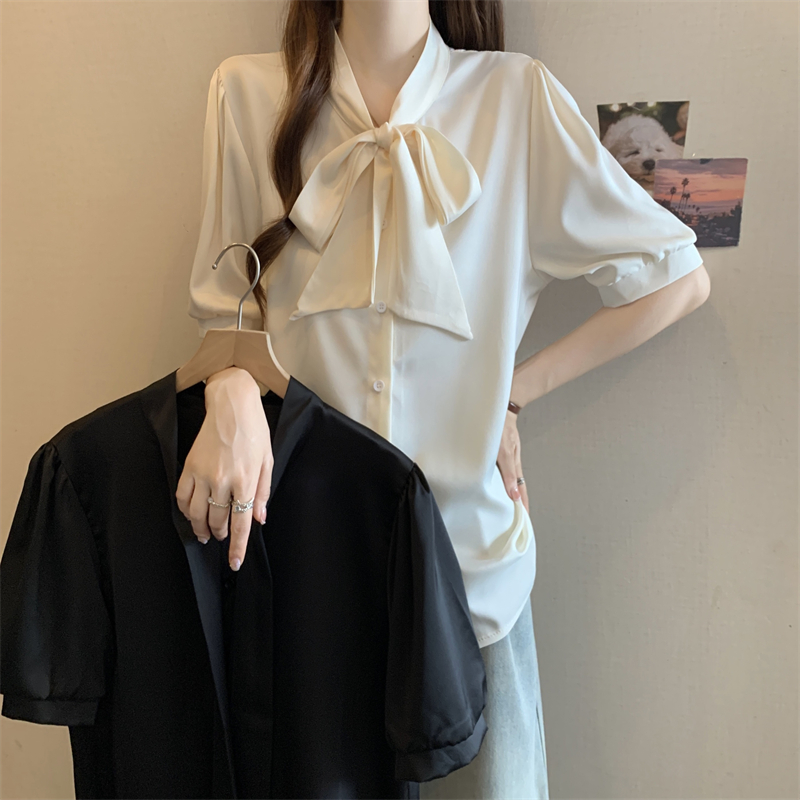빅 사이즈 나비 매듭 여성 셔츠 여름 지방 mm 고급 센스 반팔 새틴 셔츠 쉬폰 톱
